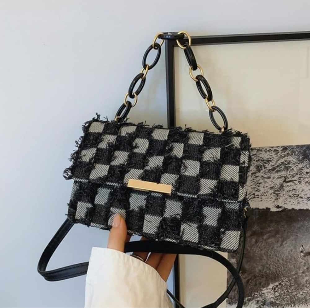 🛍Final Price!! Black Elegant Denims Tassels Checkered Crossbody Bag